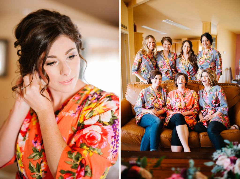 Bridesmaids in floral robes at Cass Winery Wedding in Paso Robles, California by Paso Robles Wedding Photographer Austyn Elizabeth Photography.