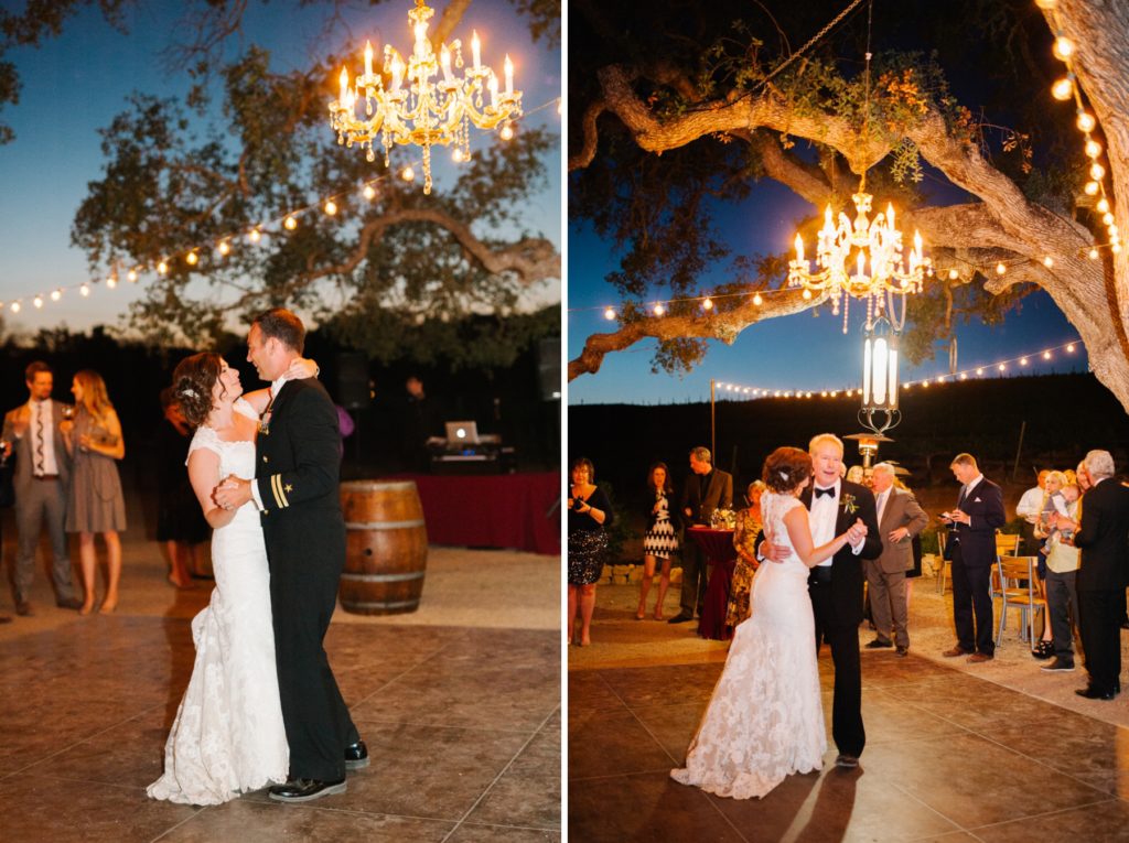 First dances under chandelier at Cass Winery Wedding in Paso Robles by Austyn Elizabeth Photography 