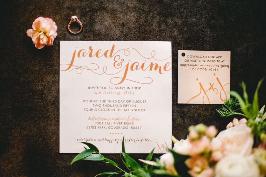 Bee's Knees invitations for Rocky Mountain Rose Gold Wedding at Della Terra Mountain Chateau in Estes Park by San Luis Obispo Wedding Photographer Austyn Elizabeth Photography