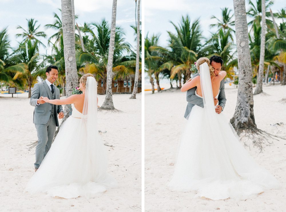 The first look at a romantic destination Caribbean wedding at Jellyfish Restaurant in Punta Cana, Dominican Republic by Colorado wedding photographer Candice Benjamin Photography, assisted by San Luis Obispo wedding photographer Austyn Elizabeth Photography.