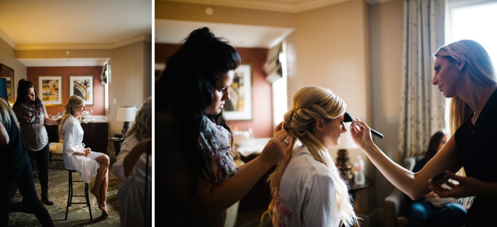 JD of Status Salon finishing up Bride's hair and makeup for Mountain Winery Wedding in Saratoga California by Austyn Elizabeth Photography