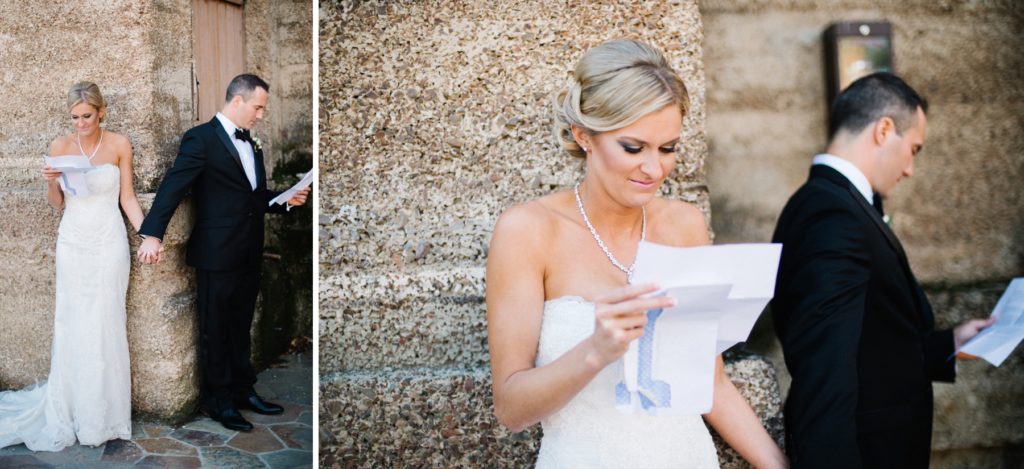 First look reading of letters around corner at Mountain Winery Wedding by Austyn Elizabeth Photography
