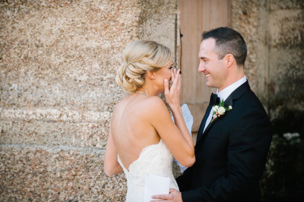 Bride wiping away tear after first look at Mountain Winery Wedding in Saratoga Wedding by Austyn Elizabeth Photography