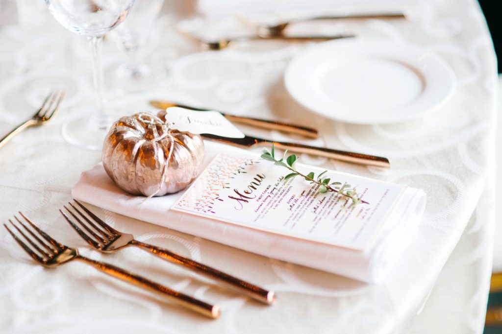 Rose Gold table setting at Mountain Winery Wedding in Saratoga Wedding by Austyn Elizabeth Photography