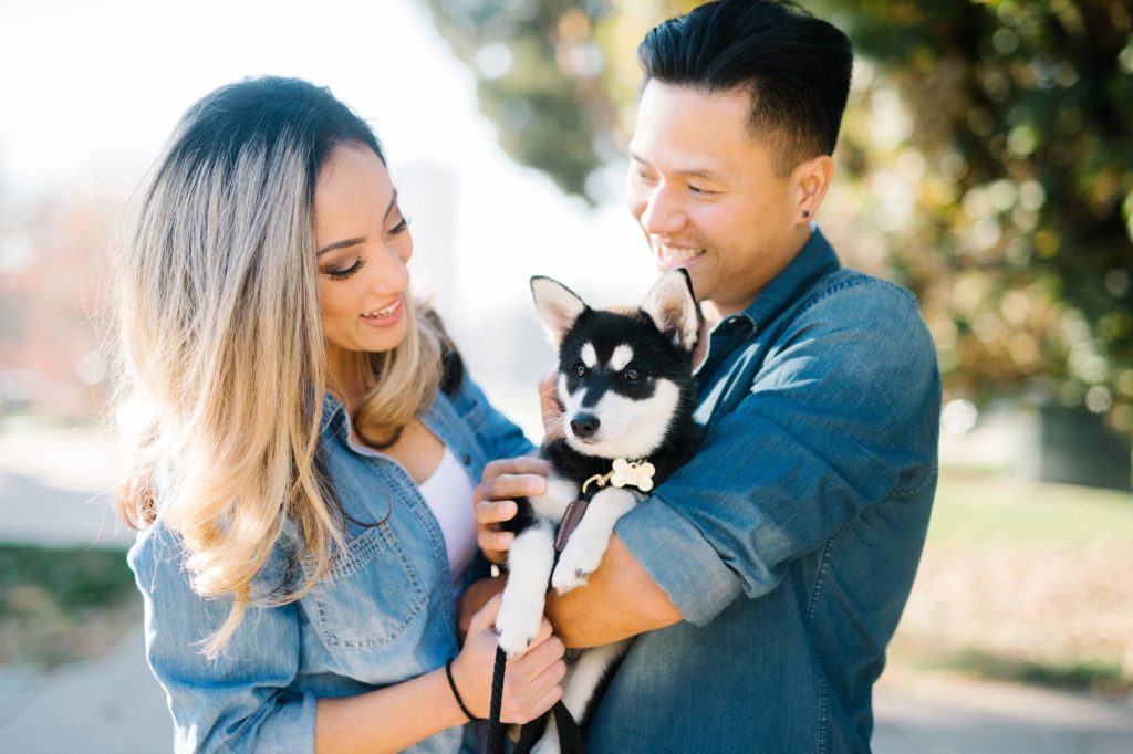 San Luis Obispo Engagement Photographer in Denver photographing an engagement with a puppy