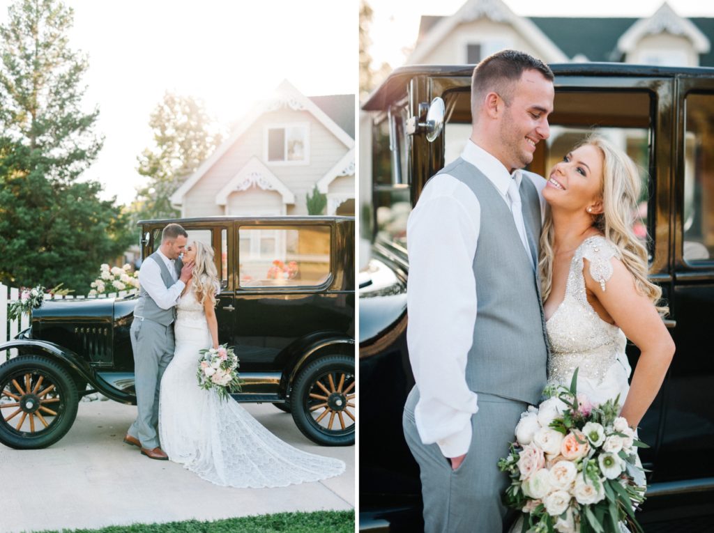 Bride and Groom with Ford Motel T at Grace Maralyn Estates and Garden Wedding by Austyn Elizabeth Photography