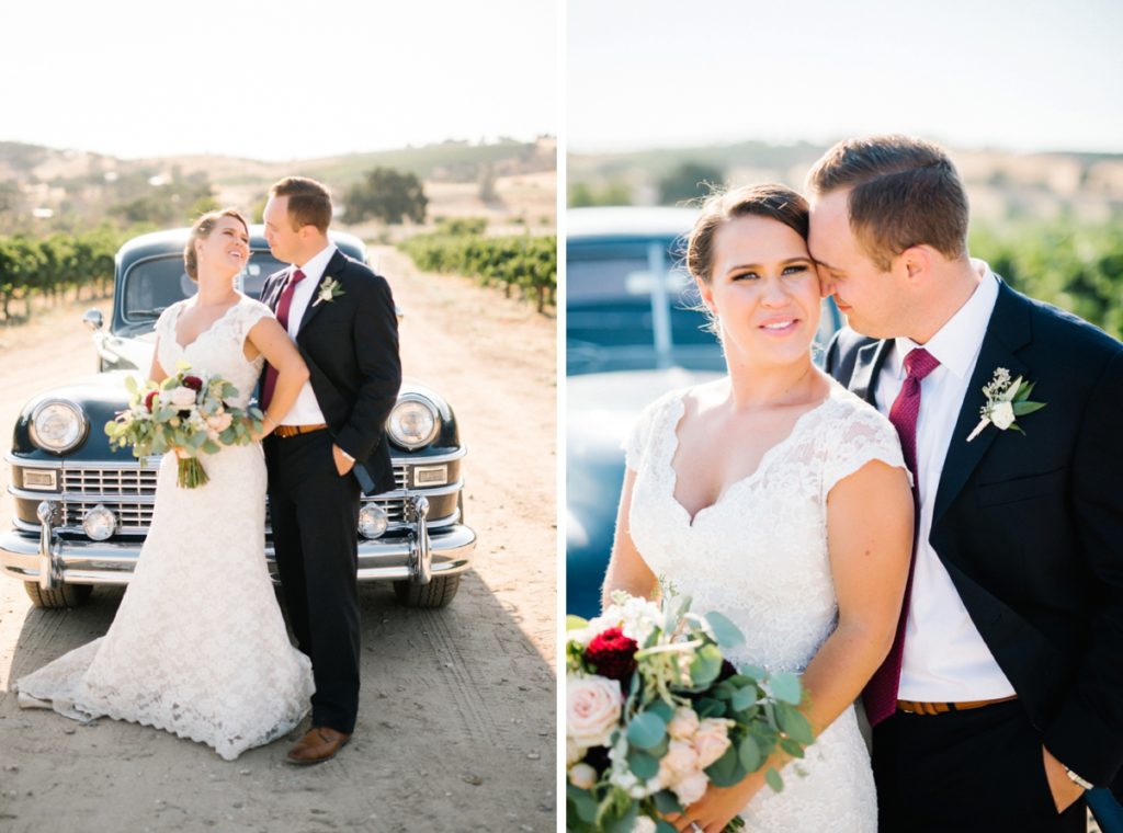 bride and groom with old classic at cass winery wedding by paso robles wedding photographer Austyn Elizabeth Photography