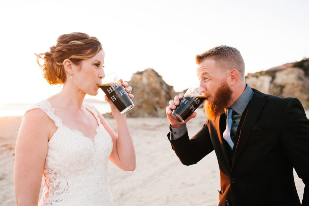 His and Her Hops Pint Glasses at Pismo Beach wedding by Austyn Elizabeth Photography