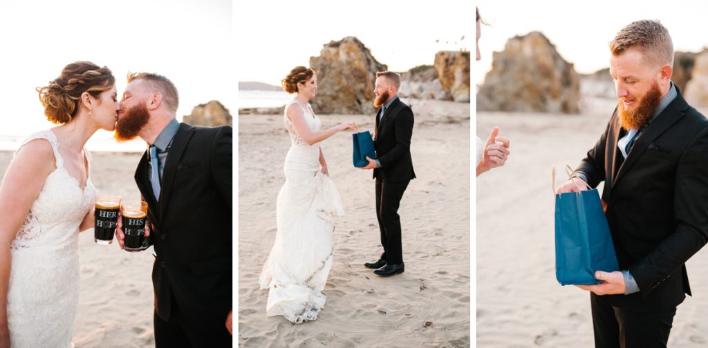 Bride giving Love Book Online personlized gift to groom at Pismo Beach Wedding by Austyn Elizabeth Photography