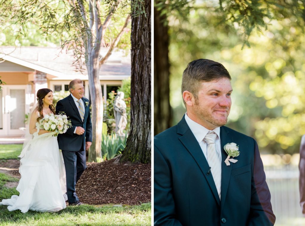 Groom's first look watching bride coming down wedding isle at at Almond Grove Wedding by Paso Robles Wedding Photographer Austyn Elizabeth Ford