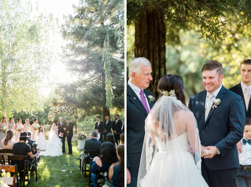 Bride and Groom at wedding ceremony at at Almond Grove Wedding by Paso Robles Wedding Photographer Austyn Elizabeth Ford