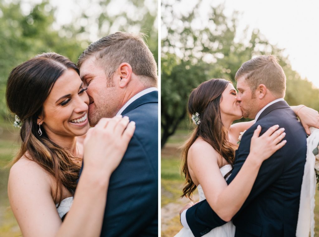 Bride and groom in almond orchard at sunset by SLO Wedding Photographers Austyn Elizabeth Photography