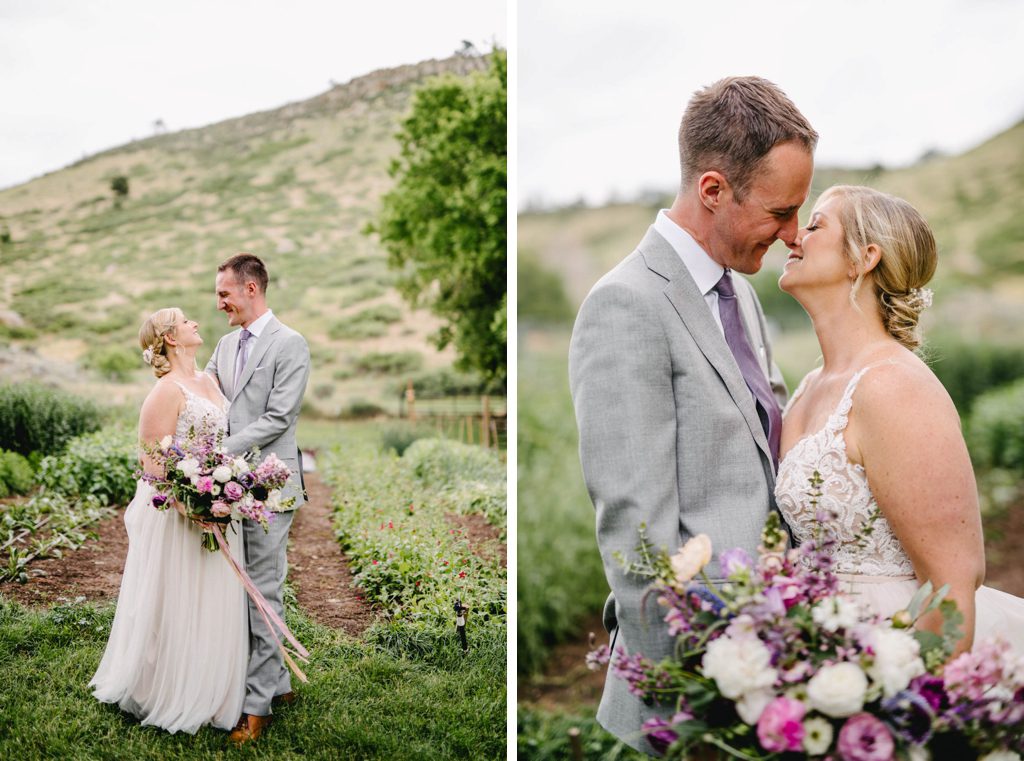 Bride and groom in garden at Lyons Farmette Wedding by Boulder Wedding Photographer Austyn Elizabeth