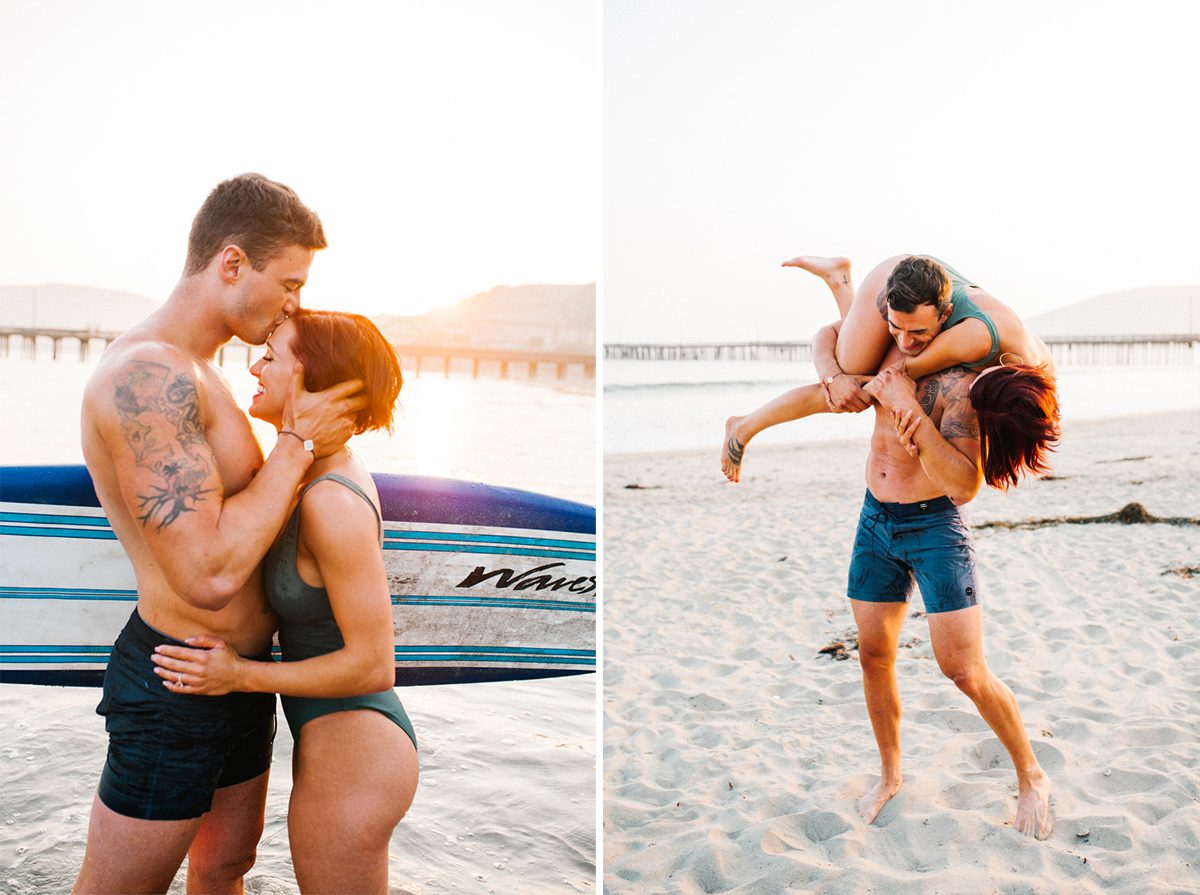 Couple smiling at Avila Beach Engagement Session with Surfboard by San Luis Obispo Wedding Photographer Austyn Elizabeth Photography