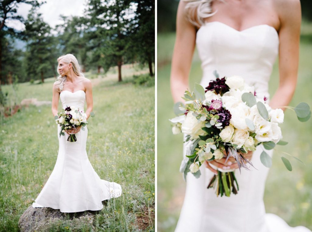 White and Plumb bridal bouquet from Boulder Blooms at Mountain Wedding in Estes Park at Della Terra by Estes Park Wedding Photographer Austyn Elizabeth Photography