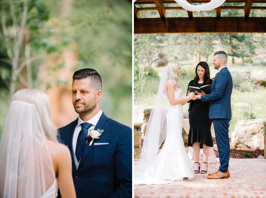 Groom tearing up during vows at Estes Park Rocky Mountain Wedding by Della Terra Wedding Photographer Austyn Elizabeth Photography