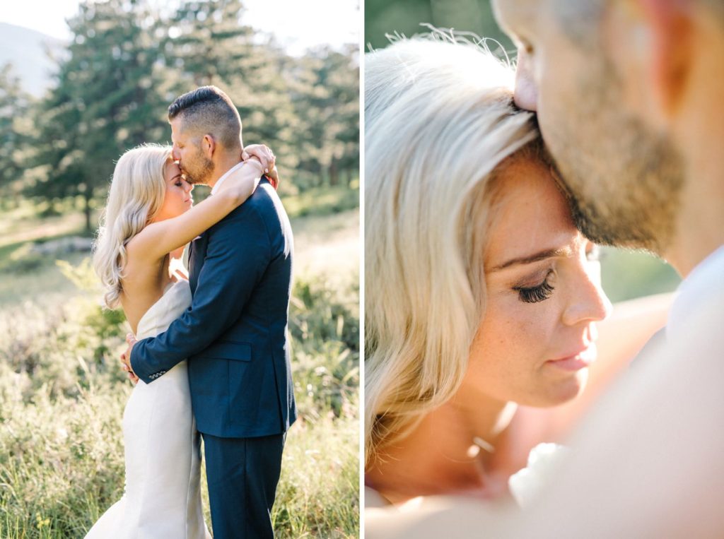 Sunset forehead kiss at Della Terra Mountain Wedding in Estes Park by San Luis Obispo Wedding Photographer Austyn Elizabeth Photography
