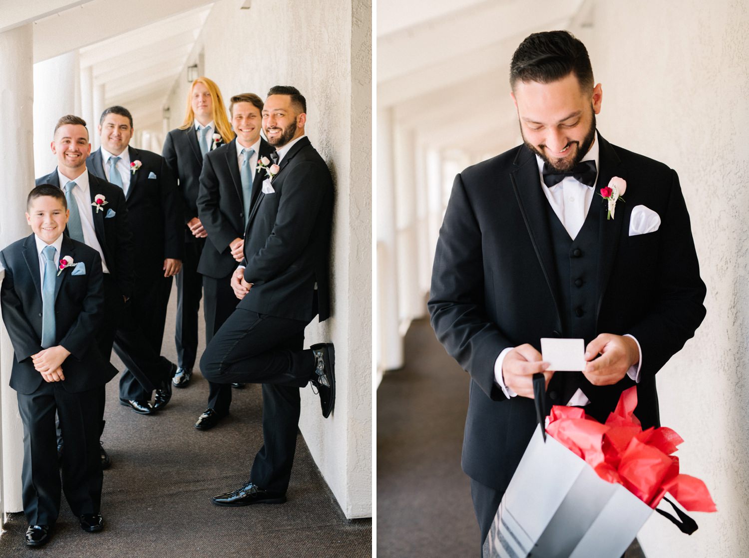 Groom opening gift with groomsmen at Cliffs Hotel Wedding by Pismo Beach Wedding Photographer Austyn Elizabeth Photography