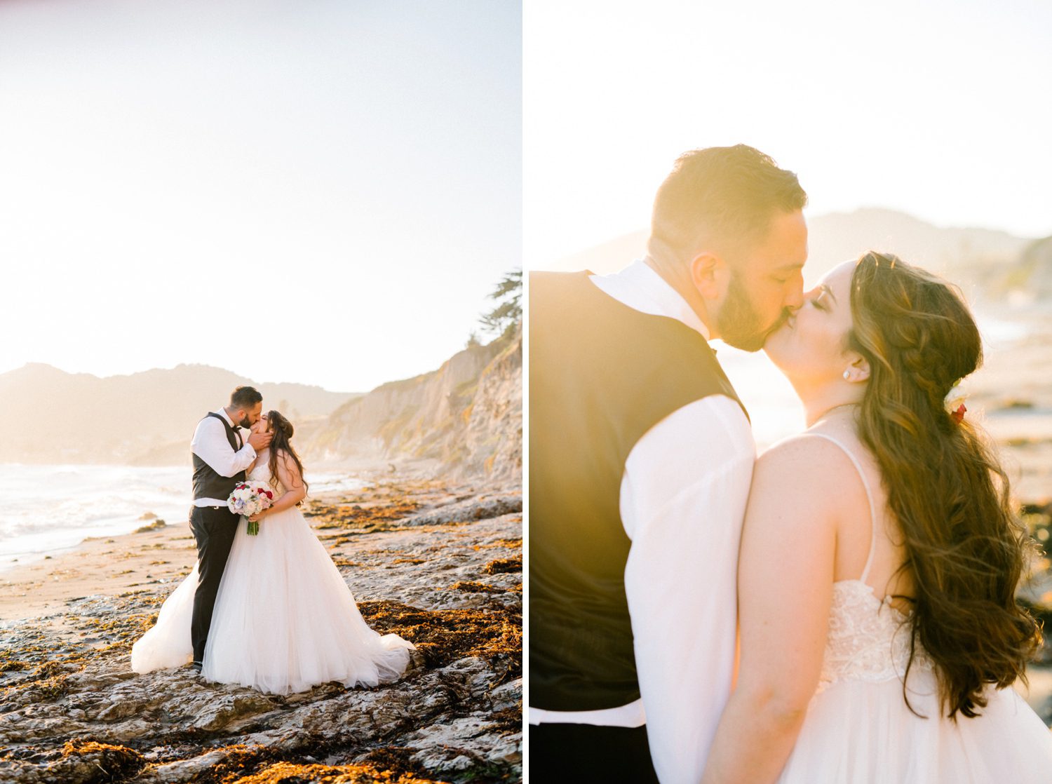 Bride and groom kiss at sunset on beach at Cliffs Hotel Wedding by Pismo Wedding Photographer Austyn Elizabeth Photography