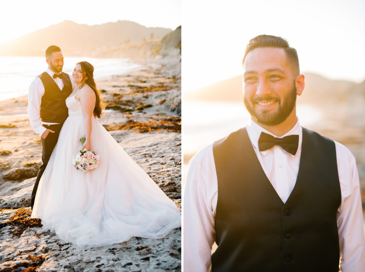 Bride and groom at sunset down by the cliffs at Cliffs Hotel Wedding by Arroyo Grande Wedding Photographer Austyn Elizabeth Photography