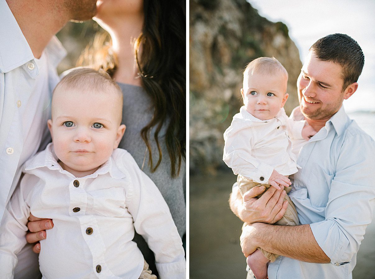 One year old in white button up at Beach with Pismo Beach Family Photographer Austyn Elizabeth Photography
