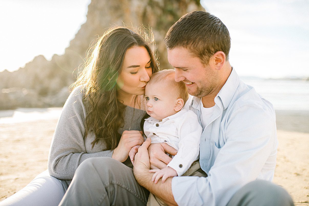 Stylish family photo outfits in grey and light blues for beach photo session with Pismo Beach Family Photographer Austyn Elizabeth Photography