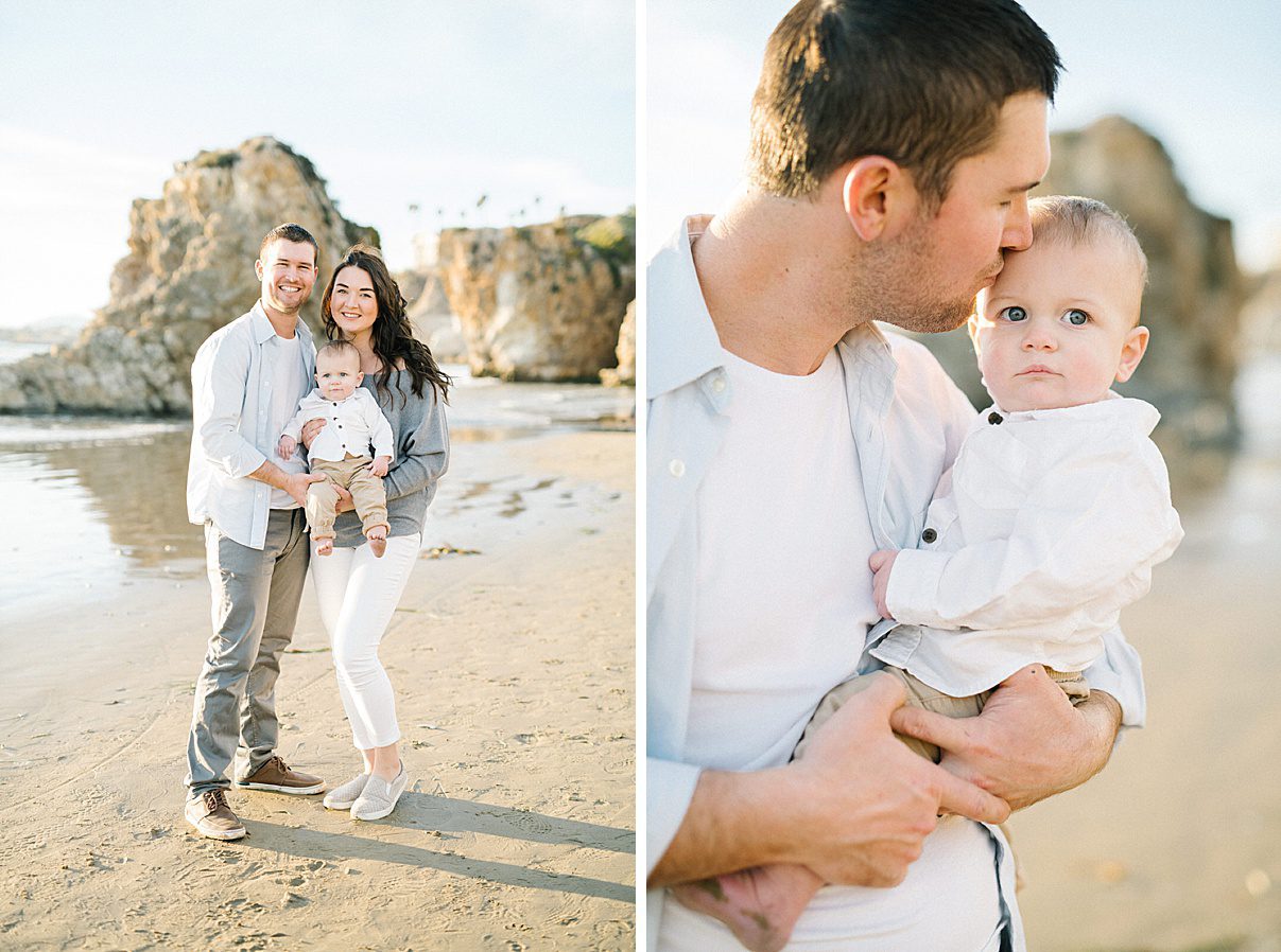 Family photos in front of big beach rock with Pismo Beach Family Photographer Austyn Elizabeth Photography