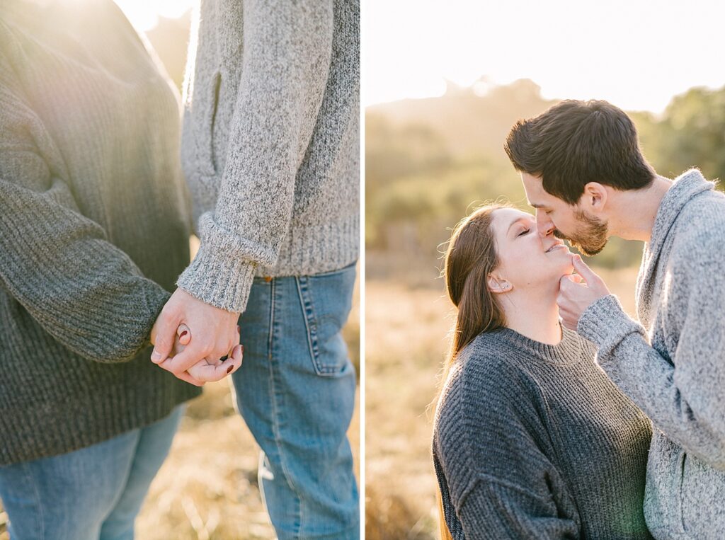 Holding hands and a kiss in a golden field in Arroyo Grande by Arroyo Grande family photographer Austyn Elizabeth Photography