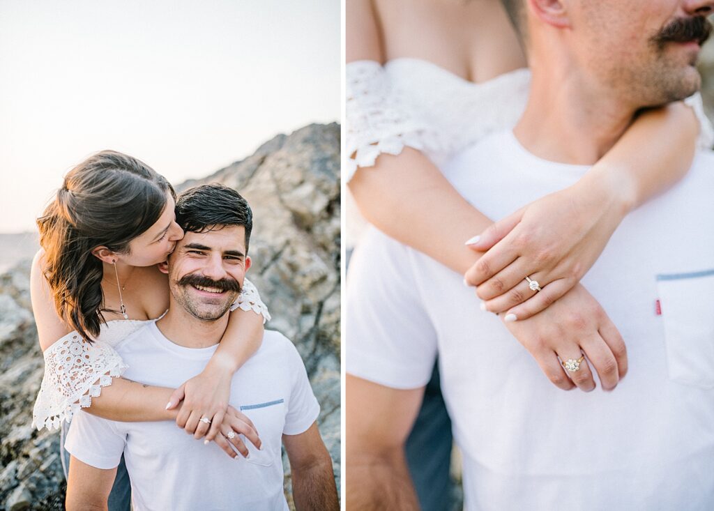 Bride wraps arms around her man at Avila Beach engagement session by Avila Beach engagement photographer Austyn Elizabeth Photography