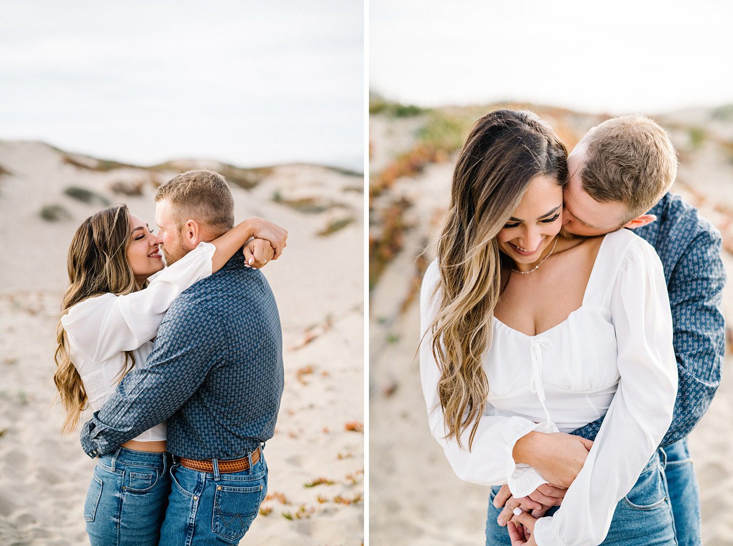 Blue and white engagement session clothes at during engagement session on Pismo Beach Dunes by Pismo Beach Engagement Photographer Austyn Elizabeth Photography