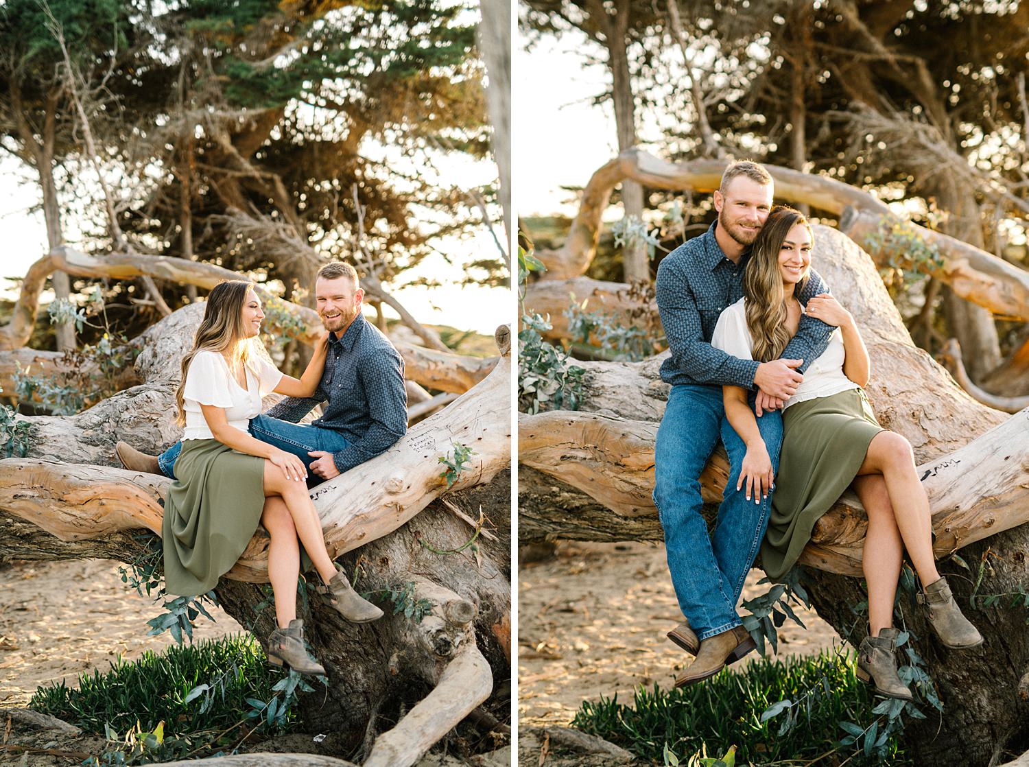 Couple poses on driftwood on beach on California Central coast by Arroyo Grande Engagement Photographer Austyn Elizabeth Photography