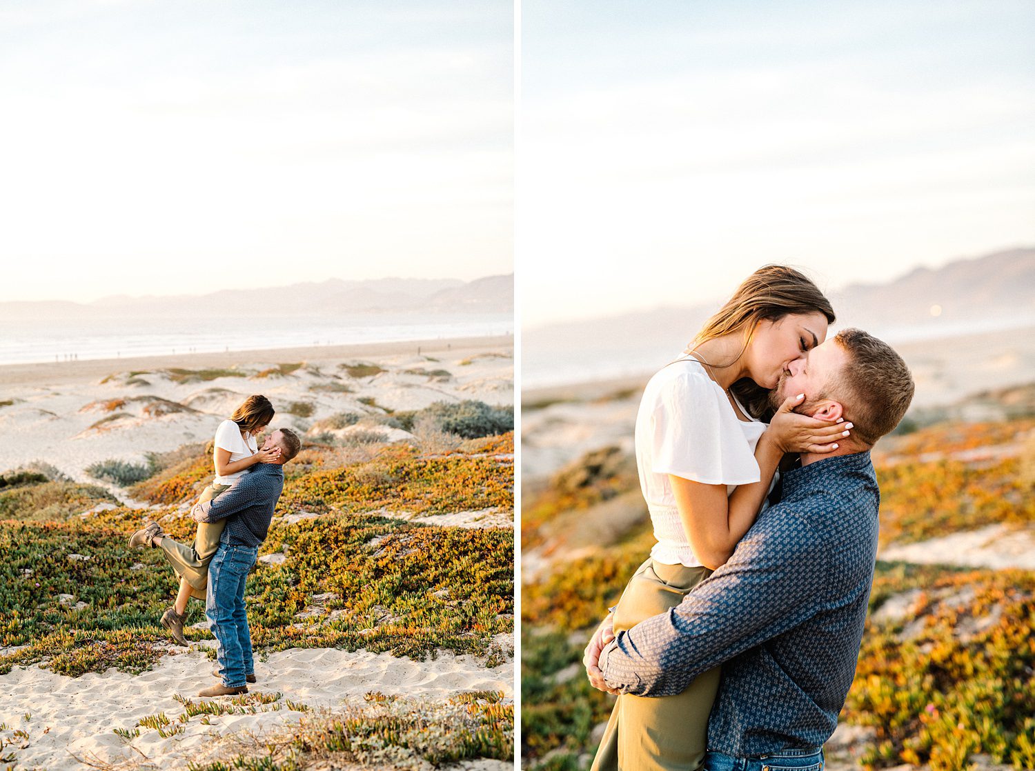 Guy lifting up his fiancé during sunset on Pismo Beach Dunes by Pismo Beach Wedding Photographer Austyn Elizabeth Photography