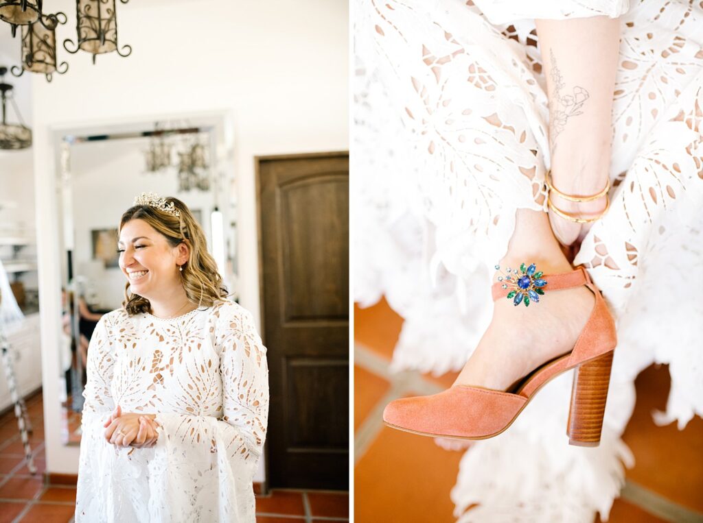 Bride putting on pink suede shoes with peacock broach at La Lomita Ranch Wedding by Arroyo Grande Wedding Photographer Austyn Elizabeth Photography