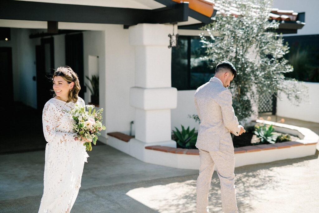 Bride and groom seconds before first look at La Lomita Ranch Wedding by Bohemian Wedding Photographer Austyn Elizabeth Photography
