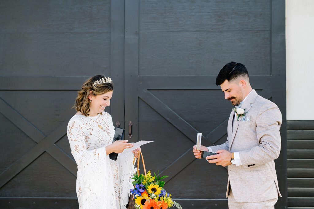 Bride and groom exchange gifts at La Lomita Ranch Wedding by SLO Wedding Photographer Austyn Elizabeth Photography