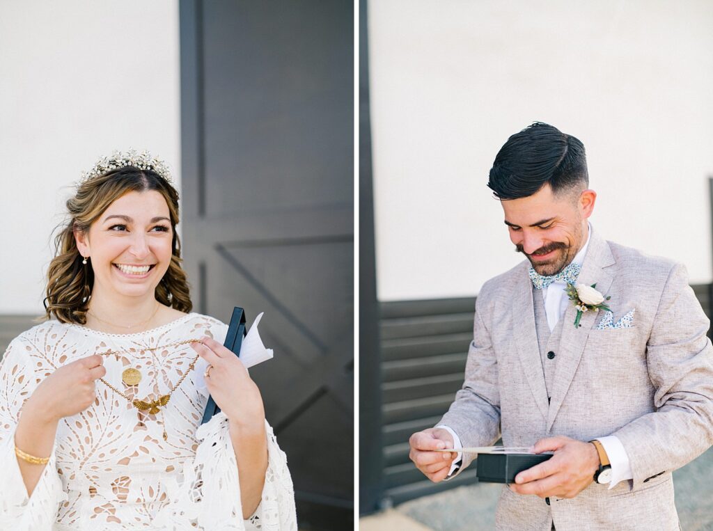 Bride and groom exchange meaningful gifts at La Lomita Ranch Wedding by Bohemian Wedding Photographer Austyn Elizabeth Photography