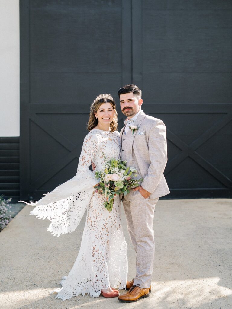 Bohemian leaf wedding dress and tweed gray suite at La Lomita Ranch Wedding by Pismo Beach Wedding Photographer Austyn Elizabeth Photography