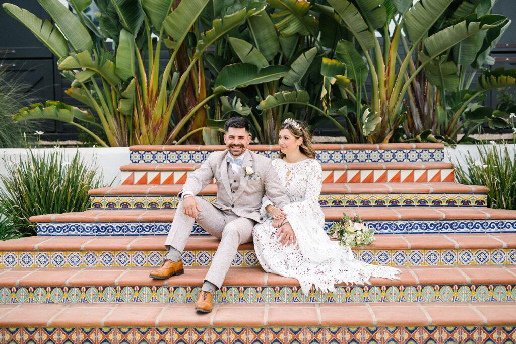 Spanish stairs with bride and groom at La Lomita Ranch Wedding by Bohemian Wedding Photographer Austyn Elizabeth Photography