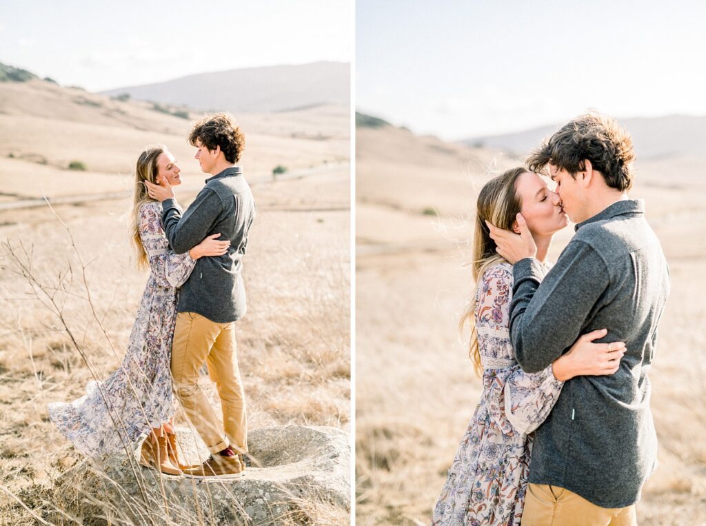 Italian and American couple embrace in the golden hills in San Luis Obispo by Pismo Beach wedding photographer Austyn Elizabeth Photography