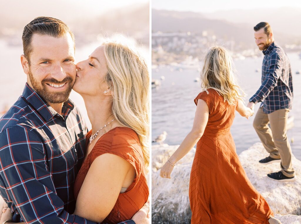 Engaged couple walking on the break water in Avalon bay by Catalina Engagement Photographer Austyn Elizabeth Photography