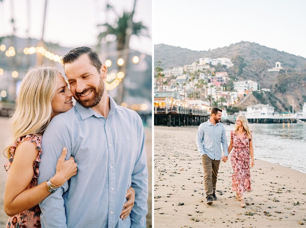 Bride and groom walking on Avalon beach at dusk during low tide by Catalina Wedding Photographer Austyn Elizabeth Photography