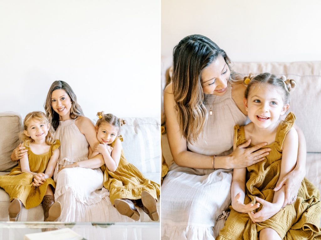 Mom in creme and girls in mustard dresses on couch at MarFarm by San Luis Obispo Family Photographer Austyn Elizabeth Photography