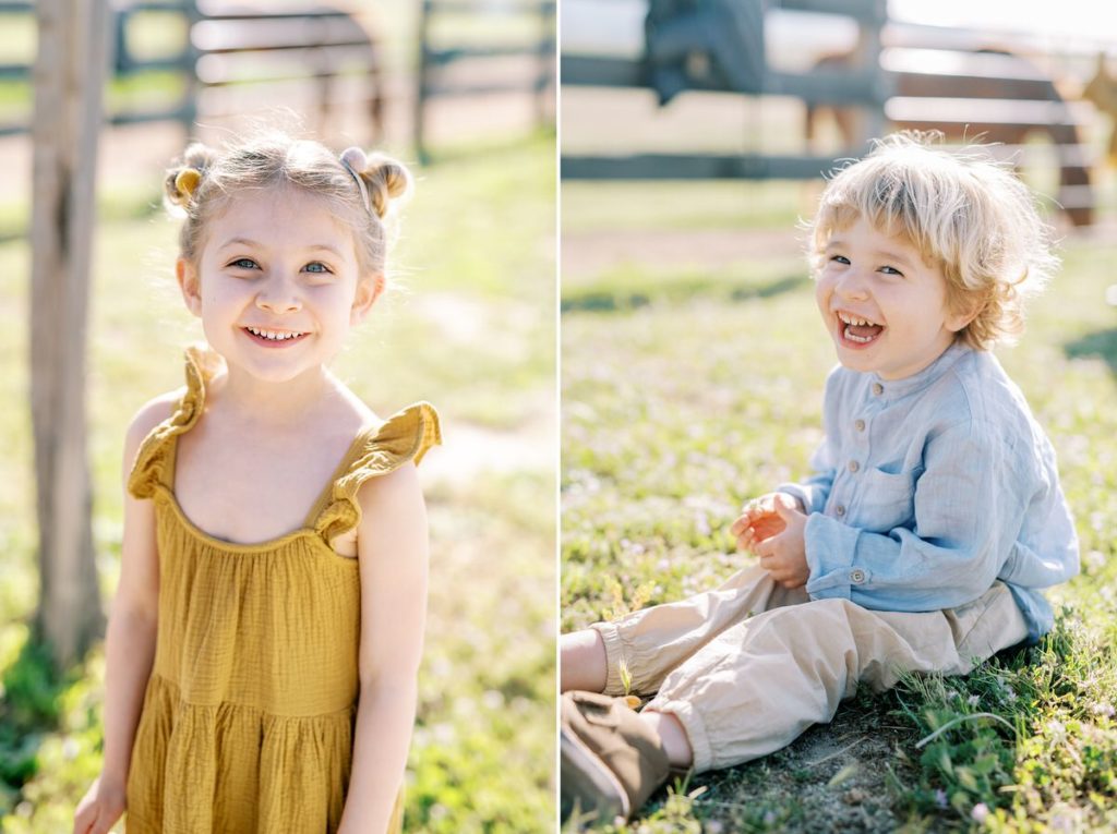 Young kids laugh in the grass at MarFarm by Family Photographer Austyn Elizabeth Photography