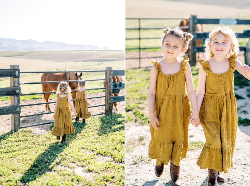Sisters in mustard linen dresses walking at MarFarm by San Luis Obispo Family Photographer Austyn Elizabeth Photography