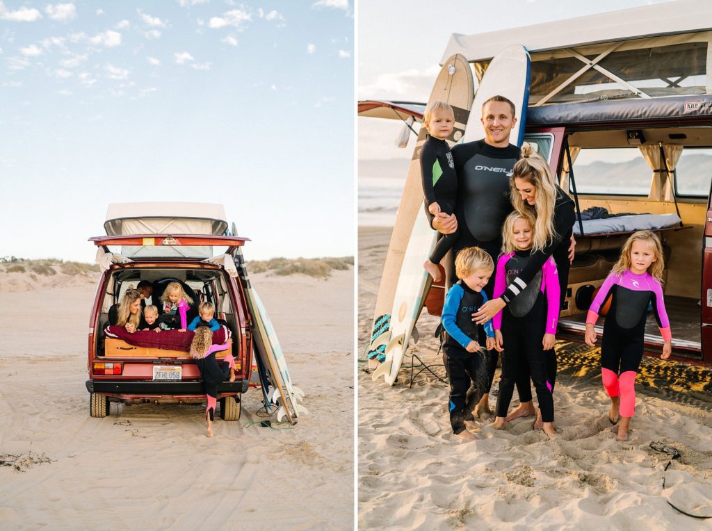 family with four young kids in wetsuits at Pismo beach with surfboards and a VW Westy at sunset by Pismo beach Family photographer Austyn Elizabeth Photography