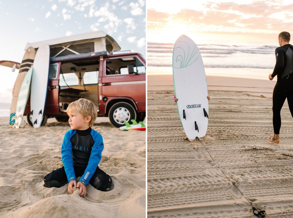Family playing in the sand and going surfing on California's Central Coast by Pismo Beach Family Photographer Austyn Elizabeth Photography