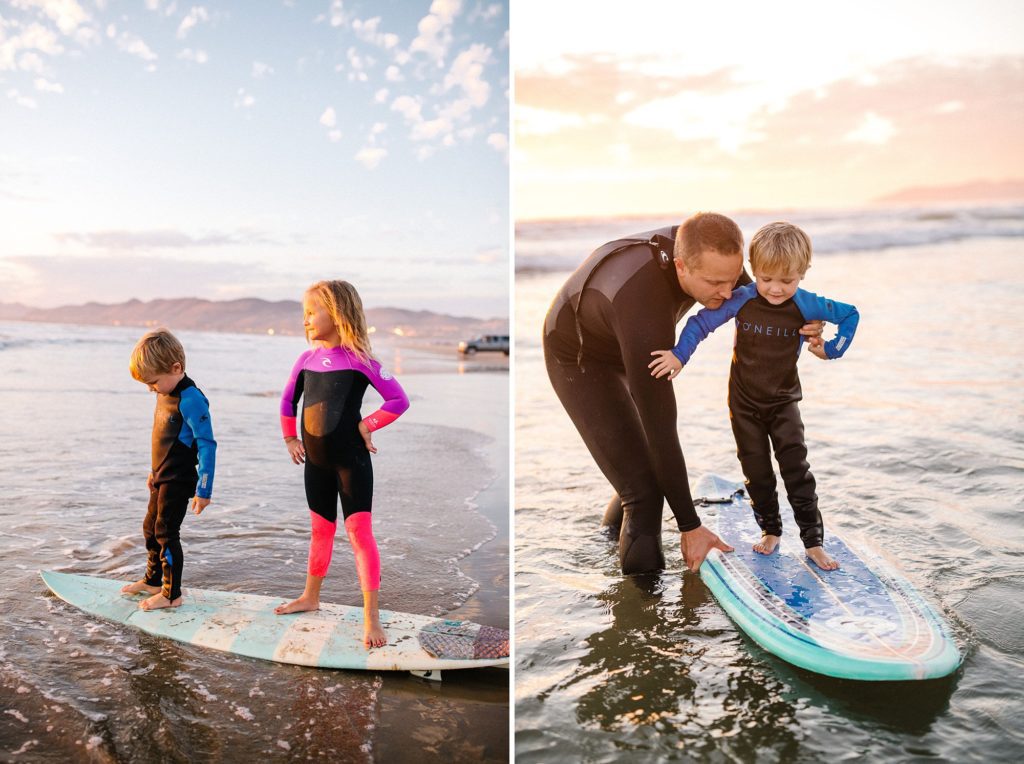 Young kids learning to surf in Pismo beach during vacation by family photographer Austyn Elizabeth Photography