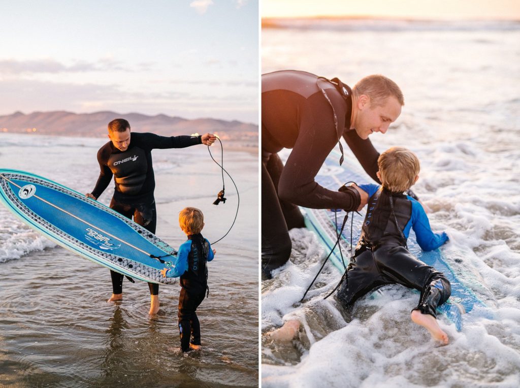 Dad teaching son how to surf during pismo beach family session with VW Westy by Pismo Beach Photographer Austyn Elizabeth Photography