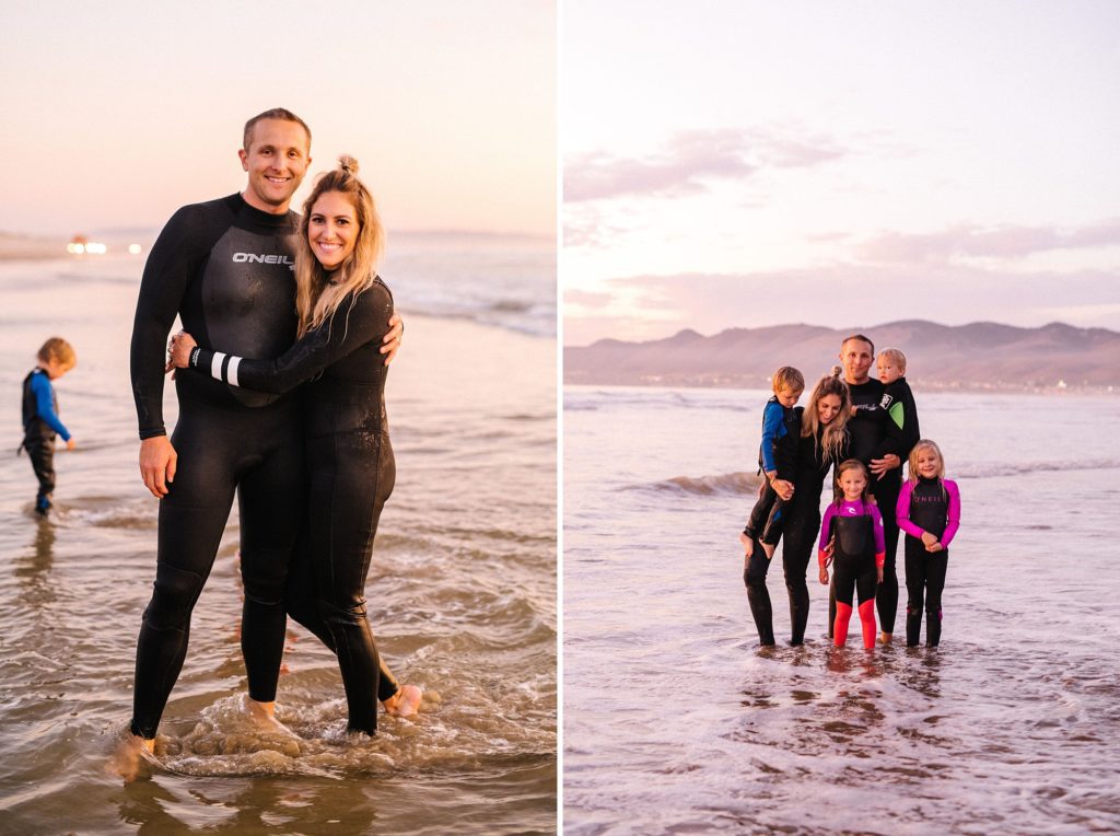 Mom and dad of four go vacationing in Pismo beach and have a family session with Pismo Beach photographer Austyn Elizabeth Photography with wetsuits, surfboards and Voltswagon Westfalia