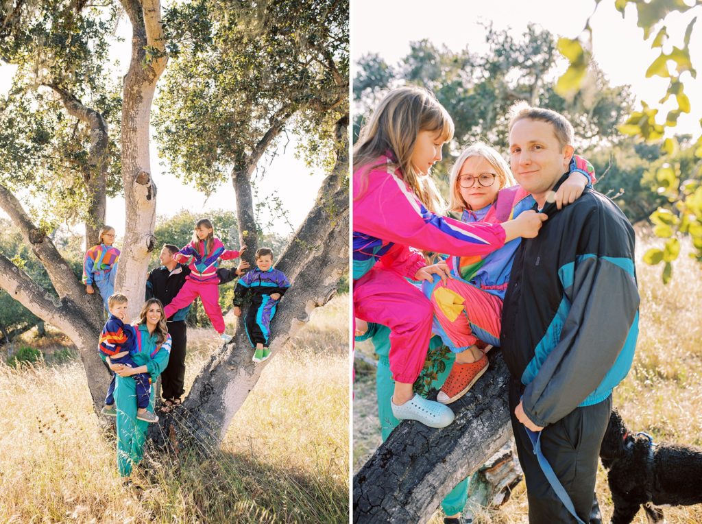 Retro windbreaker family session climbing trees on California Central Coast with San Luis Obispo Family Documentary Photographer Austyn Elizabeth Photography